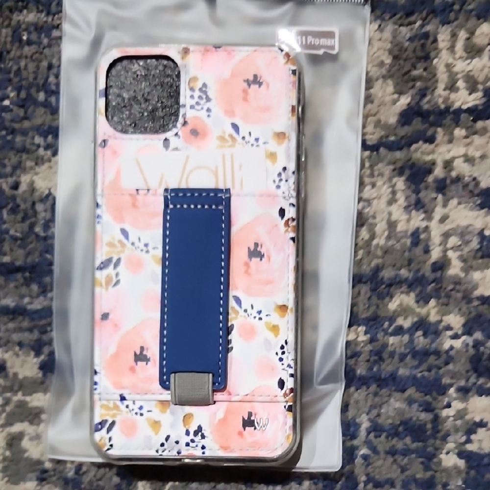 Iphone Pro Max Wallis Pink and Blue Floral Phone Case with cardholder and stand
